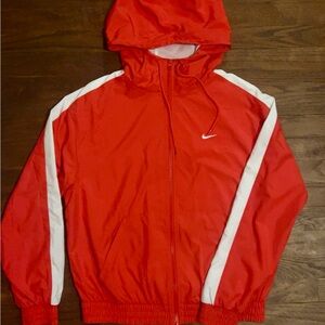 Nike Red Hooded Windbreaker with White Sleeve Stripes